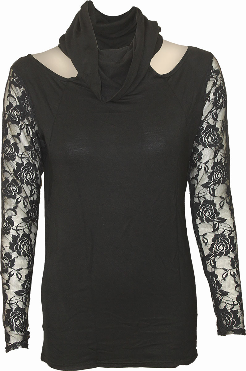 Gothic Elegance Lace Sleeve Cowl Neck Top Black