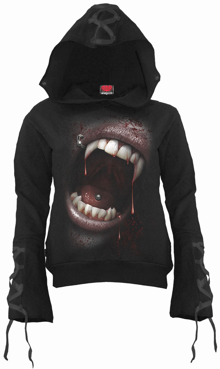 Goth Fangs Black Ribbon Gothic Hoody Black (Plain)