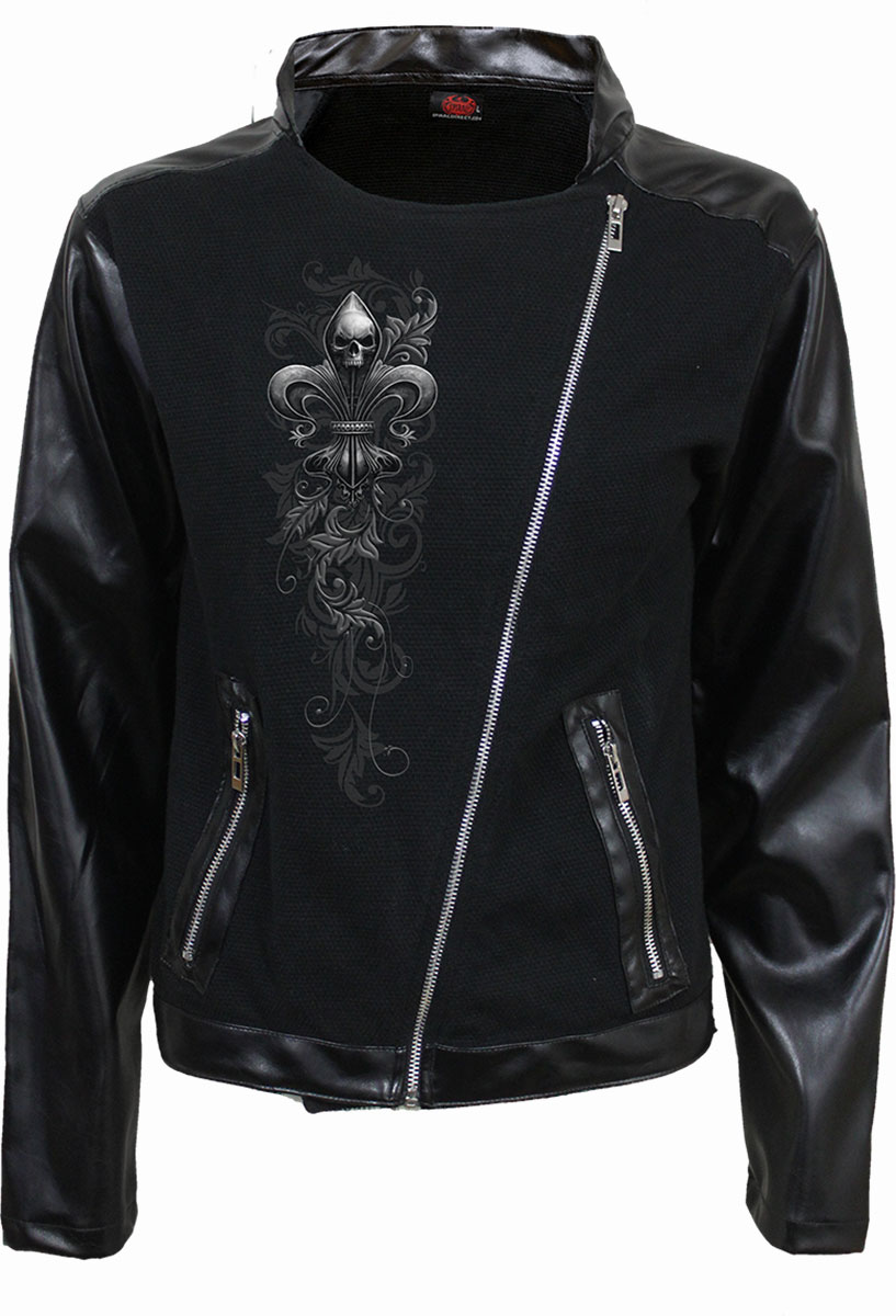 Skull Scroll Pique Biker Jacket With Pu Leather Sleeves (Plain)