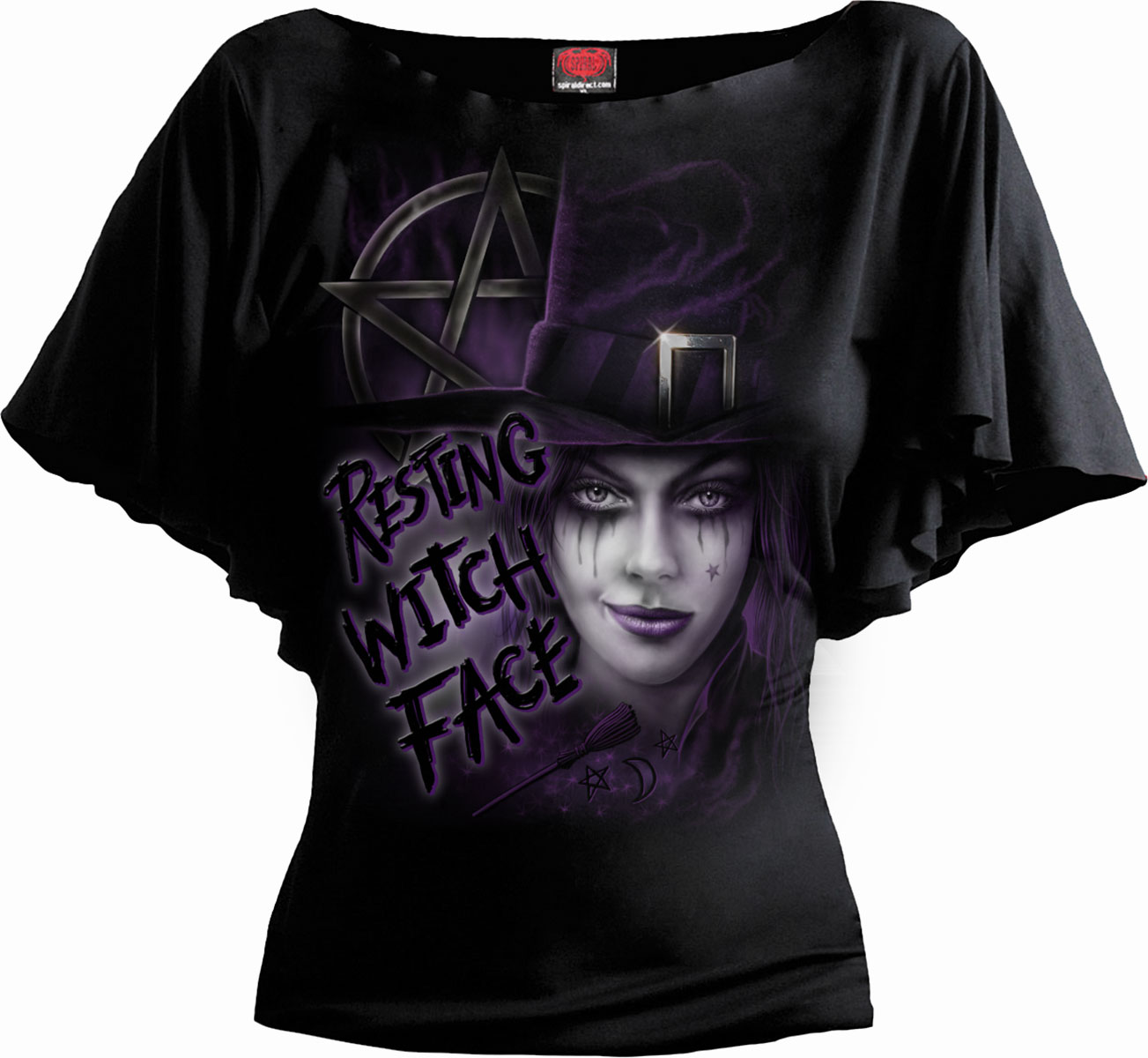Resting Witch Face Boat Neck Bat Sleeve Top Black (Plain)