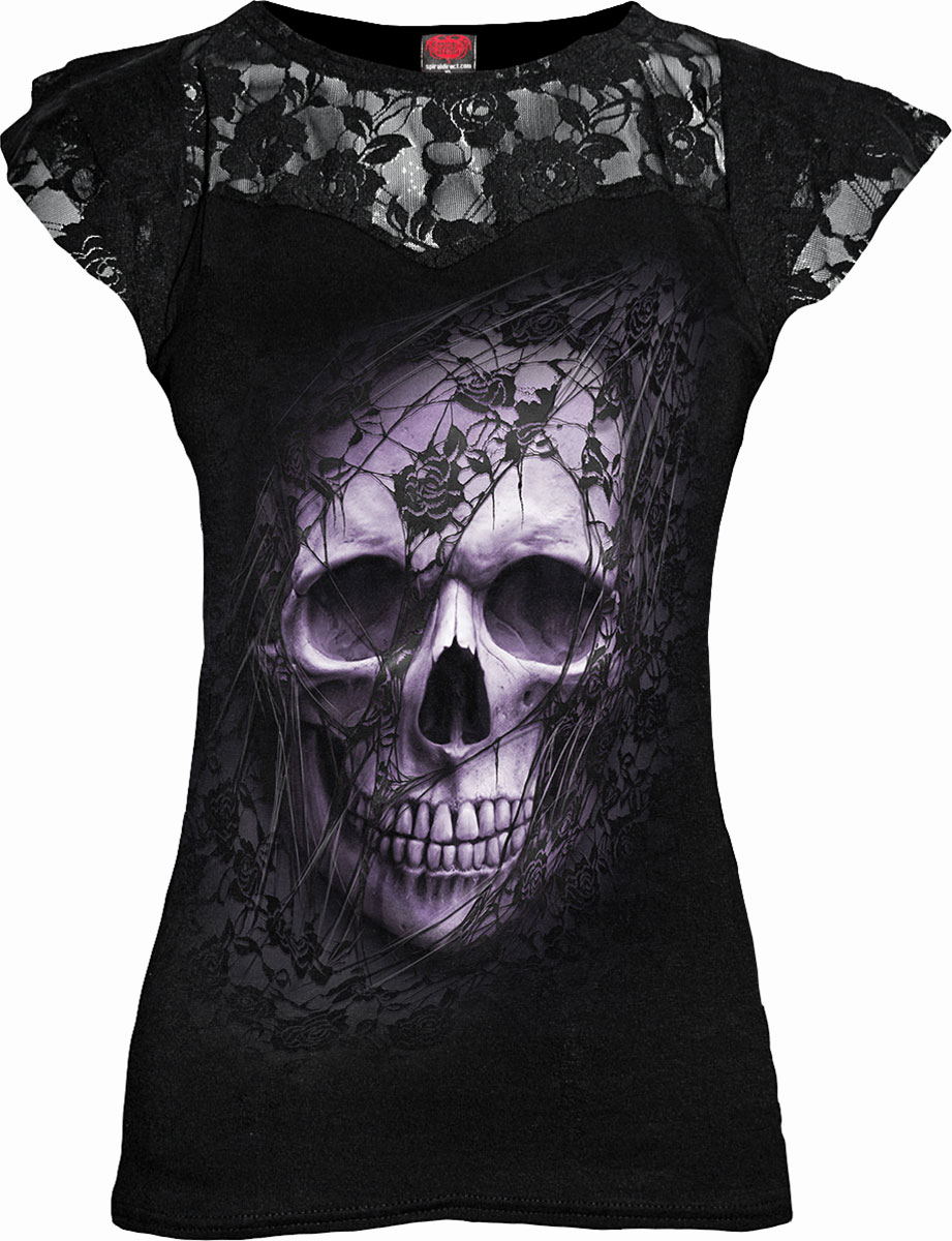 Lace Skull Lace Layered Cap Sleeve Top Black (Plain)