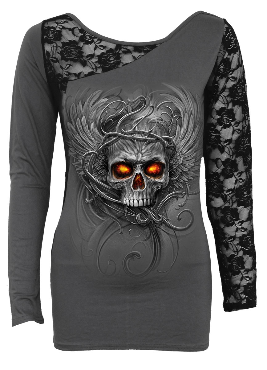 Roots Of Hell Lace One Shoulder Top Grey (Plain)