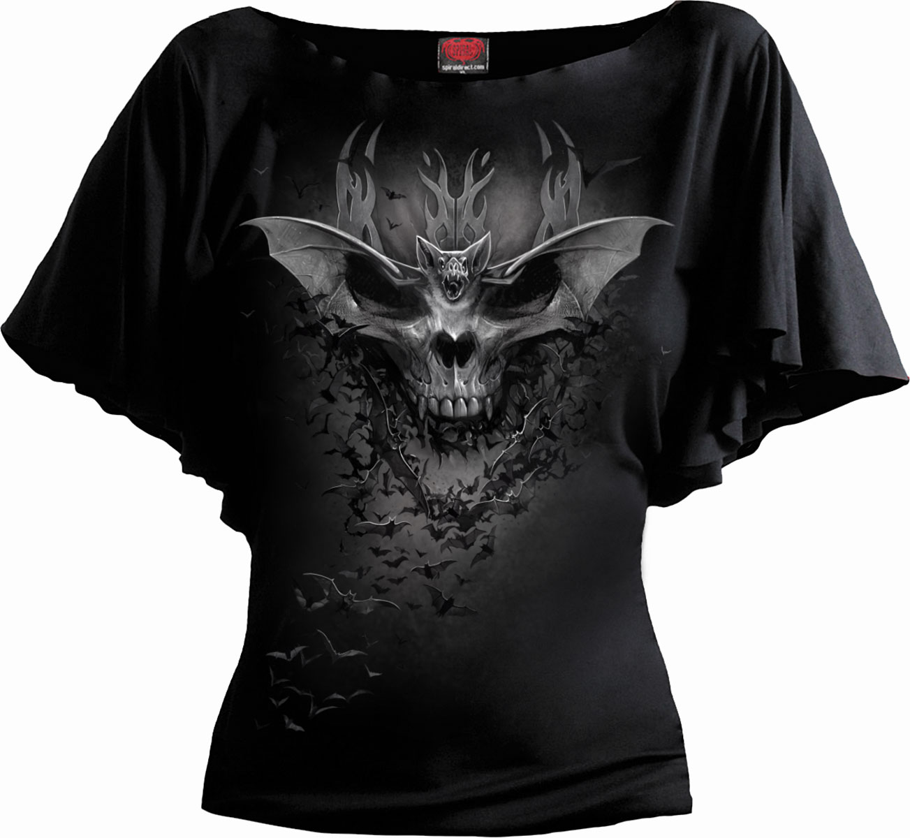 Bat Skull Boat Neck Bat Sleeve Top Black (Plain)