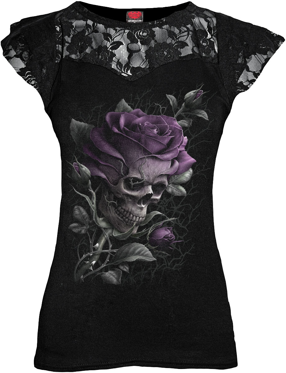 Skull Rose Lace Layered Cap Sleeve Top Black