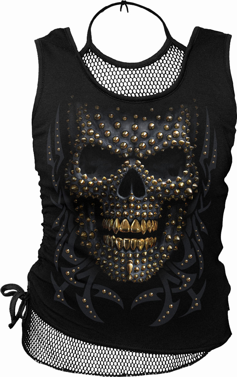 Black Gold 2In1 Neck Tie Mesh Top Black (Plain)
