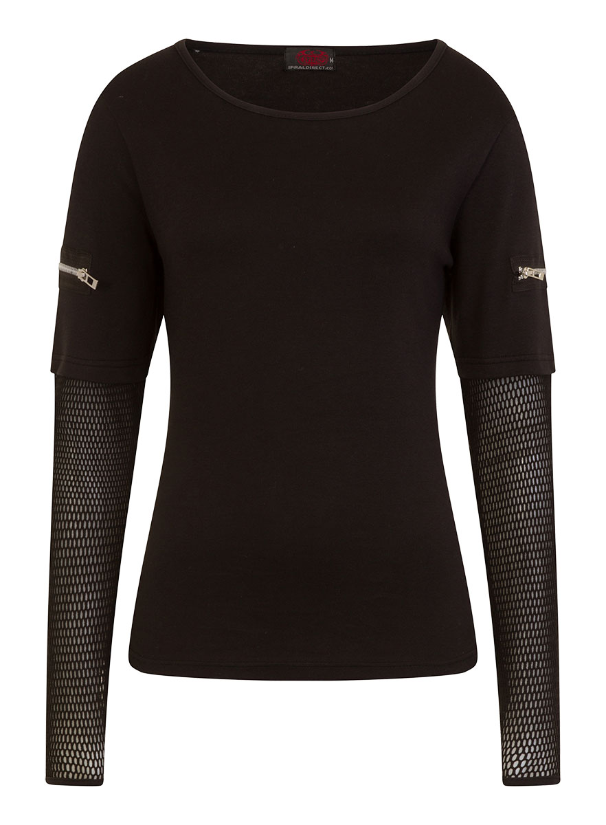 Metal Streetwear Mesh Sleeve Zip Shoulder Long Sleeve Ladies (Plain)