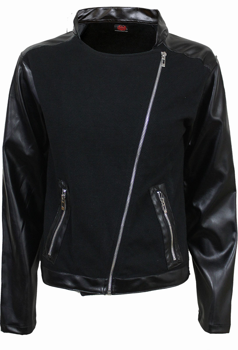 Metal Streetwear Pique Biker Jacket With Pu Leather Sleeves