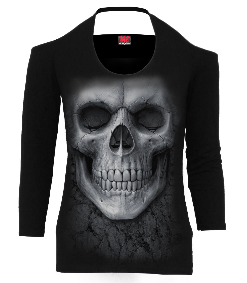 Solemn Skull Scoop Halter-Neck Long Sleeve Top (Plain)