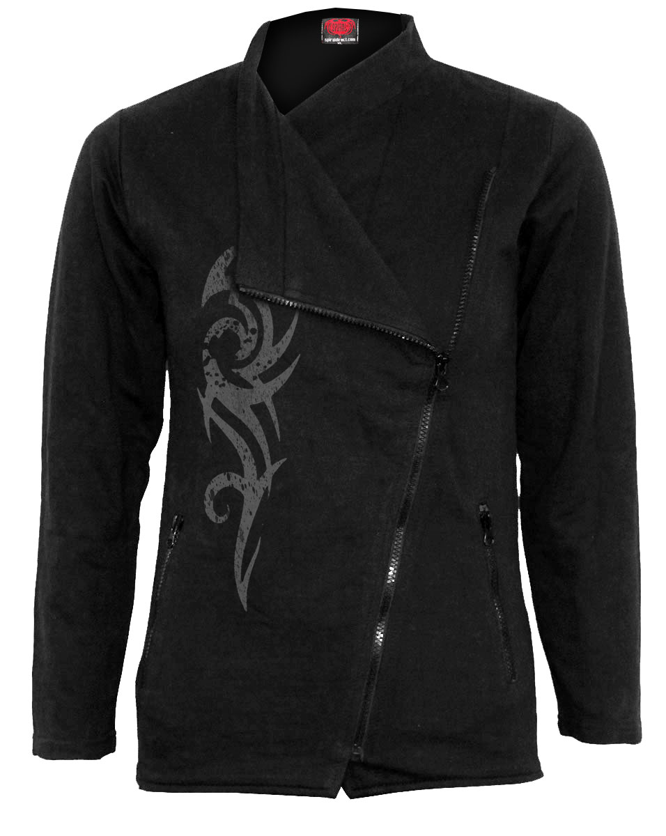 Stained Tribal Slant Zip Women Biker Jacket Black (Plain)