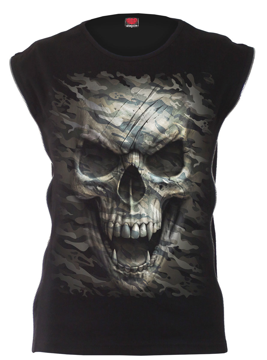 Camo-Skull Zip Side Ribbed Gothic Ladies Top (Plain)