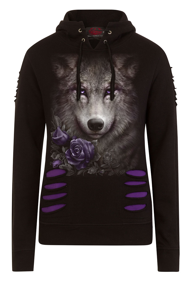 Wolf Roses Large Hood Ripped Hoody Purple-Black (Plain)