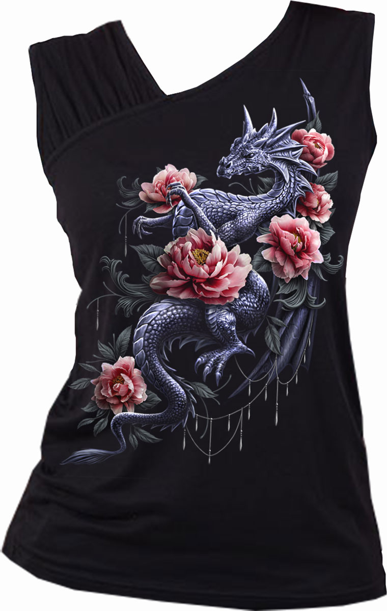 Dragon Rose Slant Gathered Shoulder Slant Vest Black (Plain)